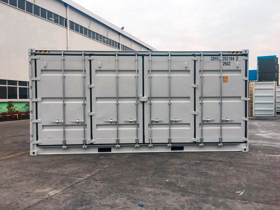 A blue side opening container with its side doors fully open.