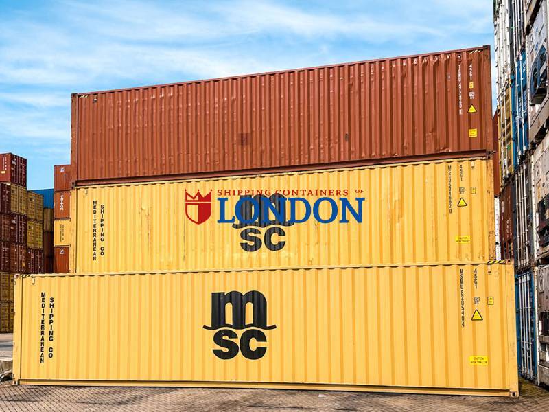 A stack of shipping containers in various colors, featuring logos from Mediterranean Shipping Company and London.